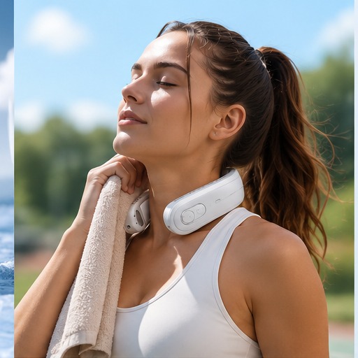Woman wearing the white neck cooler outdoors
